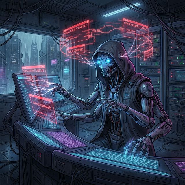 Blue robotic coder fixing syntax warning holograms